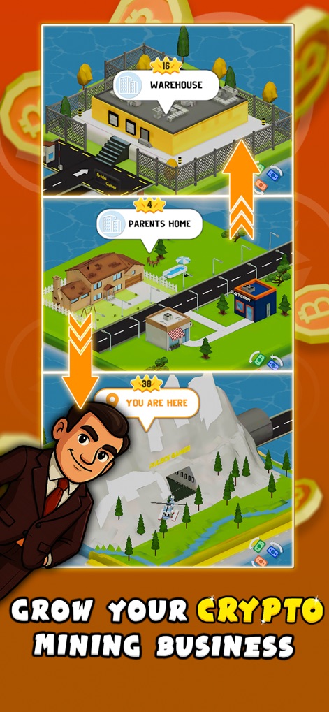 Bitcoin Miner Bro - Tycoon - This tool visualizes the progression of a mining empire, from a small 'Parents Home' setup to a large 'Warehouse' facility.