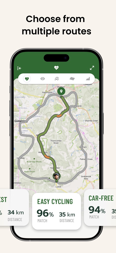 Cyclers: Bike Route Planner - Los usuarios pueden elegir entre múltiples opciones de ruta, facilitado por tarjetas comparativas de rutas y la innovadora puntuación de coincidencia (Match).