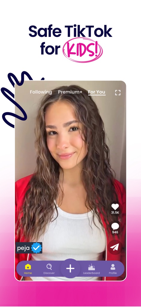 Zigazoo - Esta captura destaca a interface de visualização de vídeo do Zigazoo, onde os usuários podem explorar um feed personalizado "For You" e interagir com criadores verificados como "peja", garantindo um ambiente positivo.