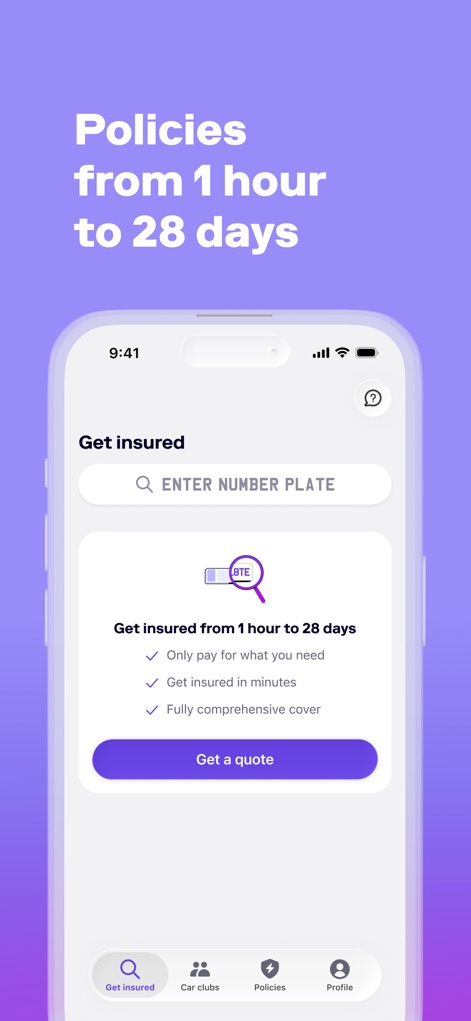 Cuvva - Observe the streamlined 'Get insured' interface, highlighting the prominent 'ENTER NUMBER PLATE' input field and the flexibility of policies ranging from 1 hour to 28 days.