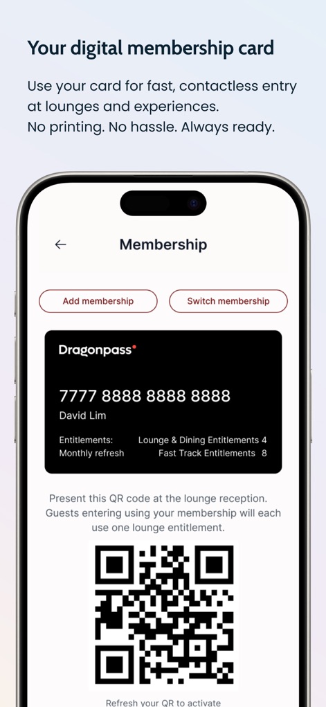 Dragonpass - This tool provides a streamlined 'digital membership card' clearly showing entitlements, alongside a scannable 'QR code' for swift entry.