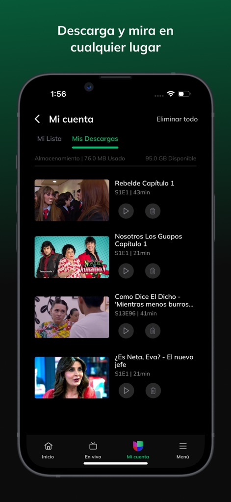 Univision Now - 이 앱은 '내 다운로드' 기능을 통해 사용자가 콘텐츠를 저장하여 언제든지 오프라인으로 시청할 수 있게 하며, 사용 중인 저장 공간과 남은 용량을 명확하게 보여줍니다.