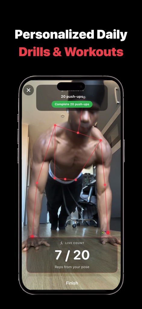 Boxer AI - Users can engage in personalized drills with live rep counting and skeletal tracking, receiving clear instructions like "Complete 20 push-ups" for various exercises.