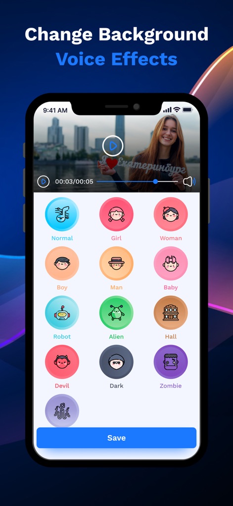 AI Voice Generator - Prankster - This screen highlights the ability to 'Change Background Voice Effects' within video content, featuring a video playback window and a selection grid of voice transformation options.
