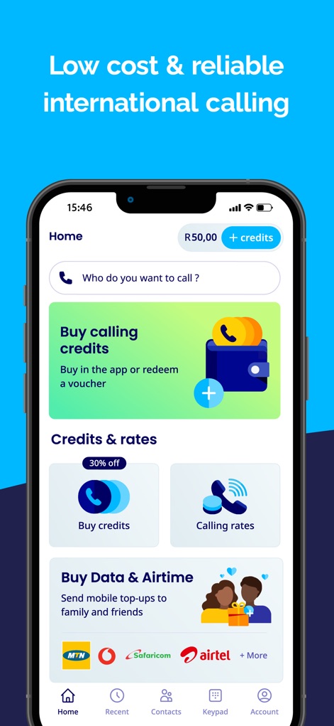 International Calling－Talk360 - The app's intuitive home screen provides immediate access to credit management, allowing users to effortlessly 'Buy calling credits' and access the 'Buy Data & Airtime' service for loved ones.