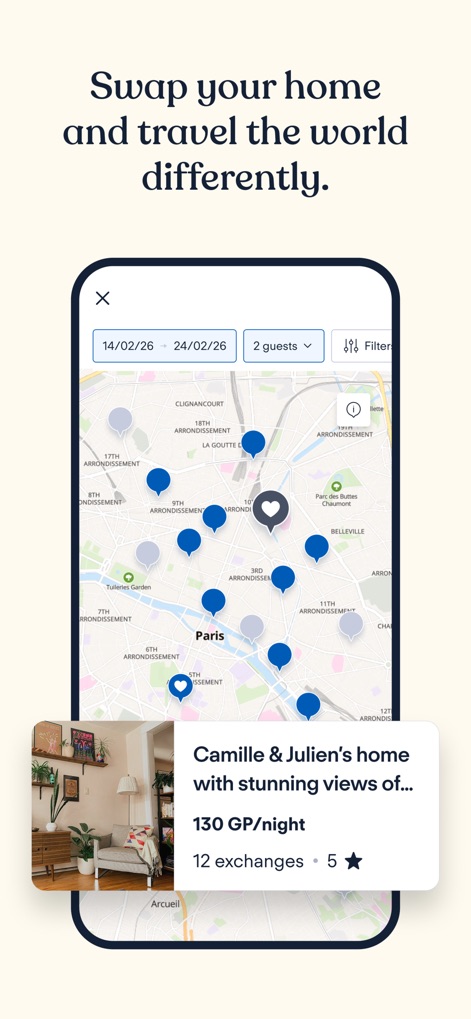 HomeExchange - House Swapping - La aplicación facilita la búsqueda de alojamientos únicos con una interfaz intuitiva, mostrando la disponibilidad en un mapa interactivo y detalles clave como el precio por noche en GuestPoints.