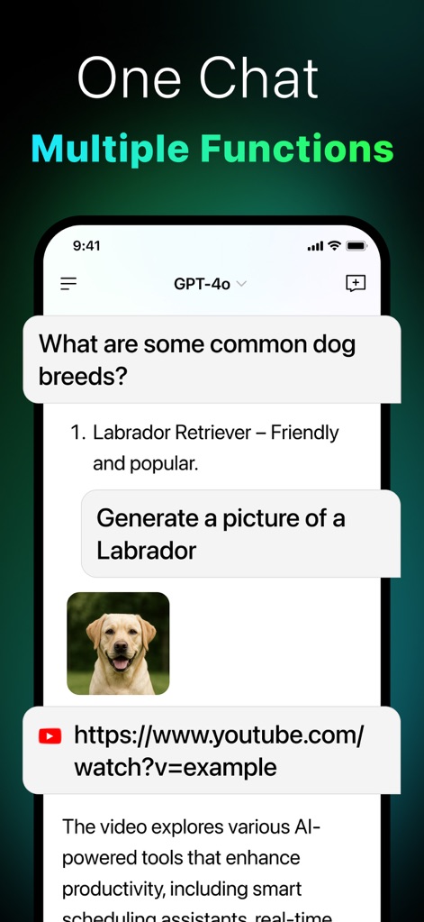 AI Chatbot & Design Assistant - Este chat ilustra a capacidade do aplicativo de integrar diversas funções, exibindo uma resposta sobre "dog breeds" acompanhada de uma "picture of a Labrador" e um link para um vídeo do YouTube.