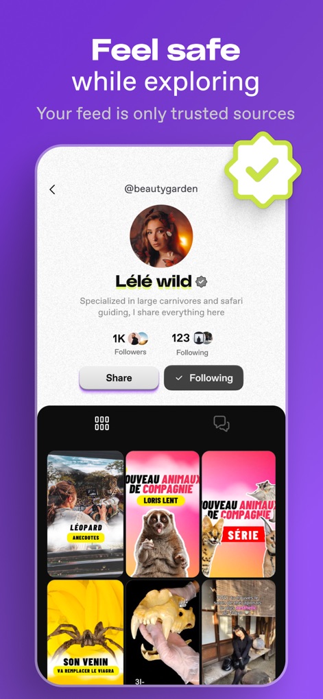 Dailymotion: Social Videos - The app ensures a safe experience by highlighting verified creator badges and clearly displaying follower counts on dedicated profile pages.