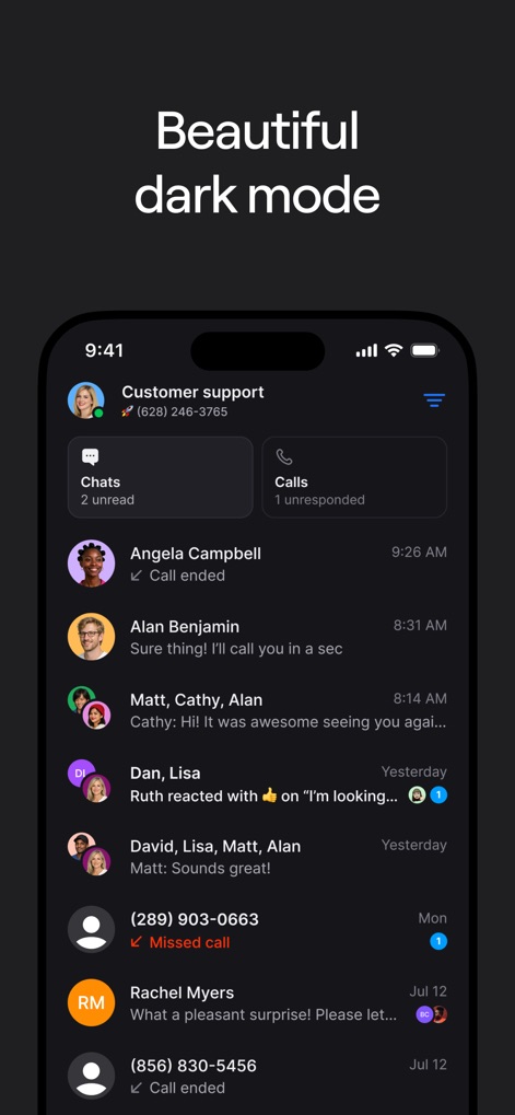 Quo (formerly OpenPhone) - Experience the sophisticated dark mode interface, designed to reduce eye strain and provide a visually appealing alternative for extended usage.