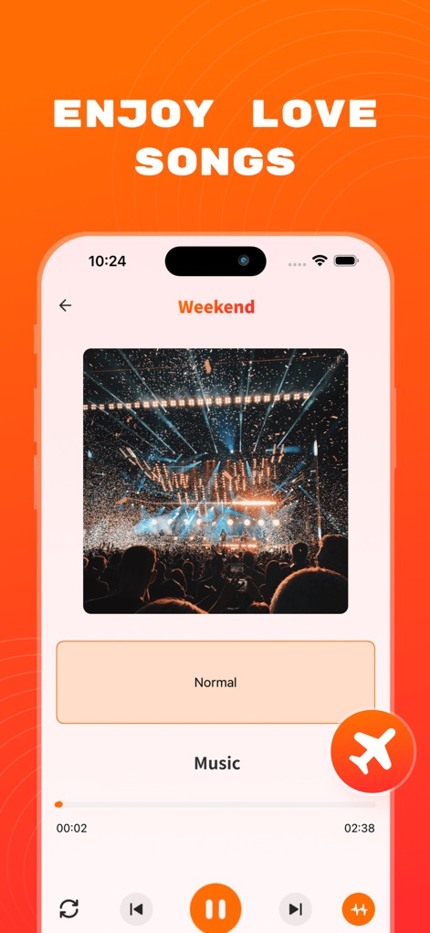 Musiup: Mp3 Music Player EQ - Los usuarios pueden deleitarse con sus canciones favoritas en cualquier lugar, como muestra la vibrante imagen de un concierto y el icono de avión que simboliza la reproducción en modo offline durante viajes.