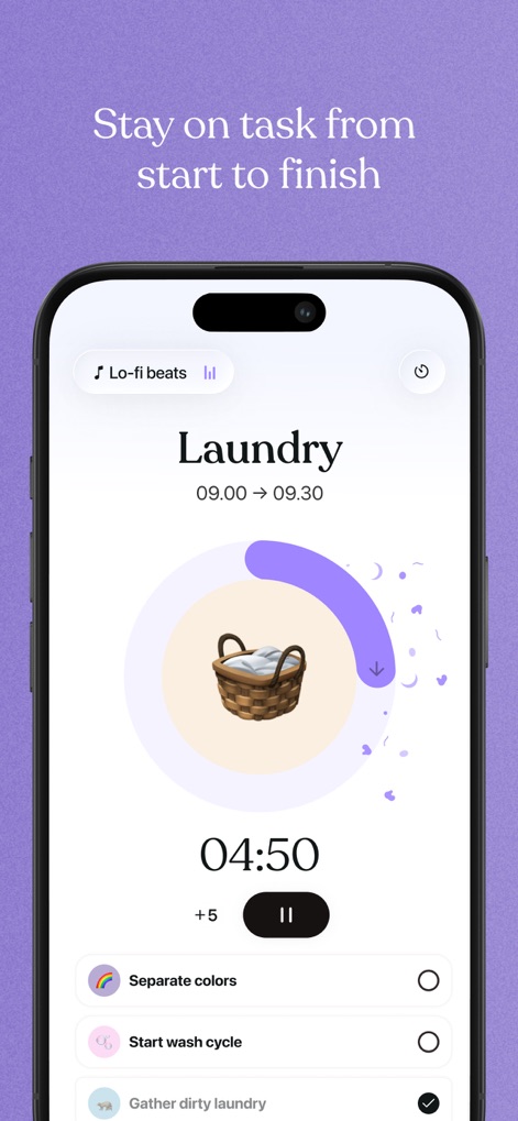 Tiimo: To-Do List & AI Planner - The app provides a dedicated Focus Timer with a visual countdown and allows users to break down tasks into manageable sub-steps, promoting sustained concentration and task completion.