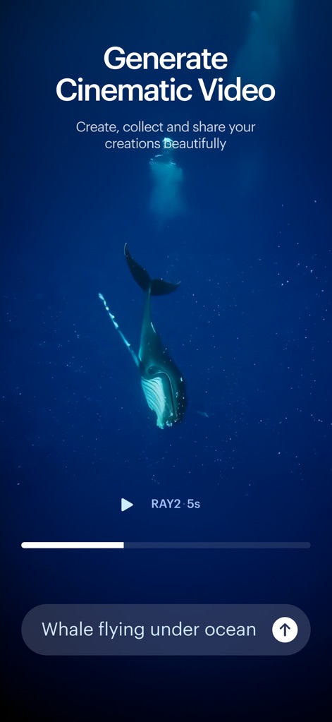 Luma Dream Machine - Dieses Bild zeigt die Fähigkeit der App, beeindruckende, filmische Videos zu generieren, exemplarisch dargestellt durch die detaillierte Animation eines Wals unter Wasser und das zugehörige Prompt-Feld.