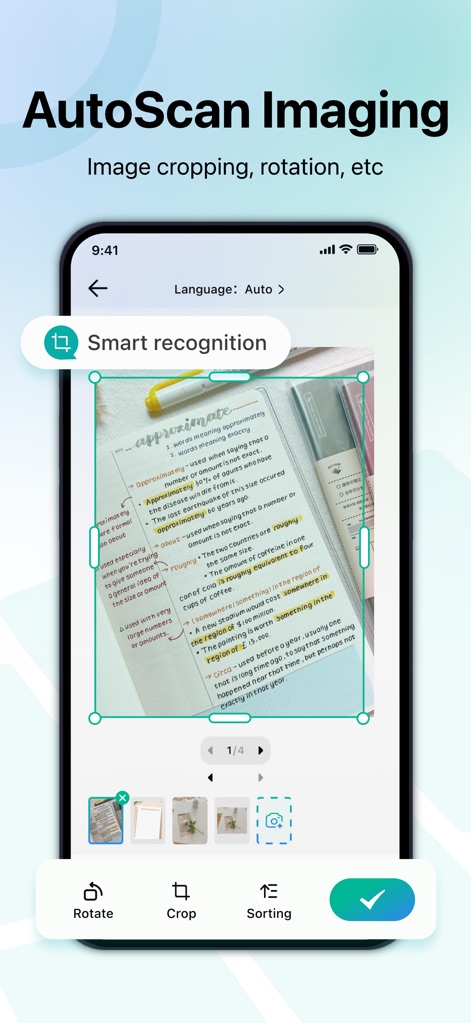 PDF Scanner App: Ai Scanner - Dieses Tool ermöglicht eine intelligente Bilderkennung für akkurates Cropping und bietet grundlegende Bearbeitungswerkzeuge wie Drehen und Sortieren.