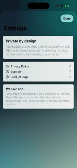 Captura de pantalla de PackLedger en iPhone 3