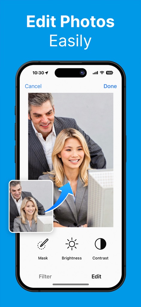 Printer: Smart Print App - Les utilisateurs peuvent facilement améliorer leurs images grâce à des outils d'édition photo variés tels que la luminosité et le contraste, avec une prévisualisation instantanée des ajustements.