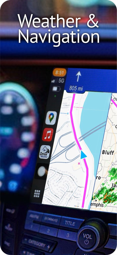 Drive Weather with Live Radar - The app's exclusive split-screen CarPlay integration displays live weather conditions alongside turn-by-turn navigation, providing critical information directly on the dashboard.