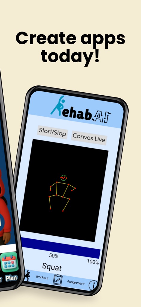MIT App Inventor - Witness user-created applications like 'Rehab.AI', demonstrating real-time AI capabilities with skeletal tracking and intuitive 'Start/Stop' controls.