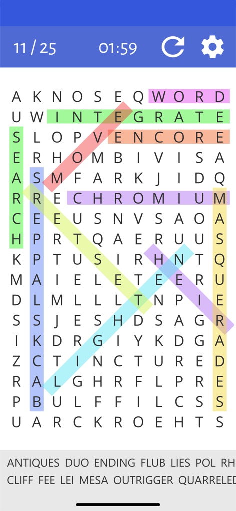 Word Search: Unlimited Puzzles - Découvrez l'interface claire de l'application, avec ses surlignages colorés des mots trouvés et la présentation organisée de la liste de mots à dénicher en bas de l'écran.