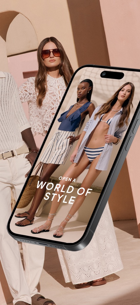 Superbalist | Fashion App - The app offers a vast array of fashion choices, inviting users to 'OPEN A WORLD OF STYLE' with diverse looks like the featured swimwear collection.