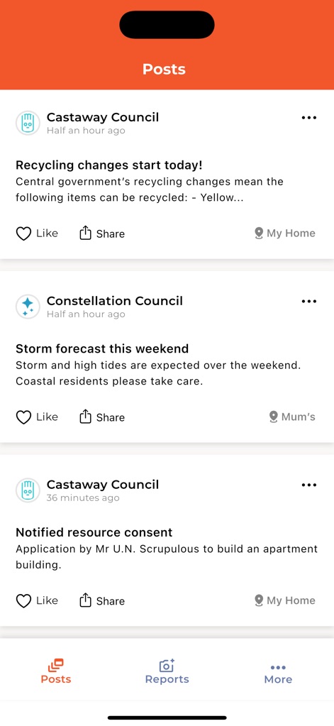 Antenno - Users can effortlessly browse a real-time feed of local updates, identifying information source by the council logo and topic title.