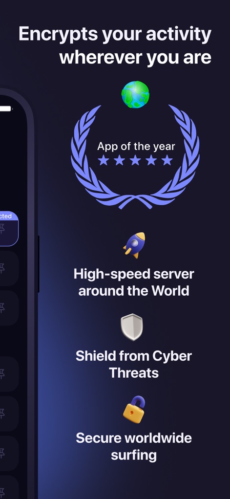 World VPN: Secure & Good Speed - This overview showcases the app's strengths, including recognition as 'App of the year' and clear visual indicators for 'High-speed server around the World' and robust 'Shield from Cyber Threats'.