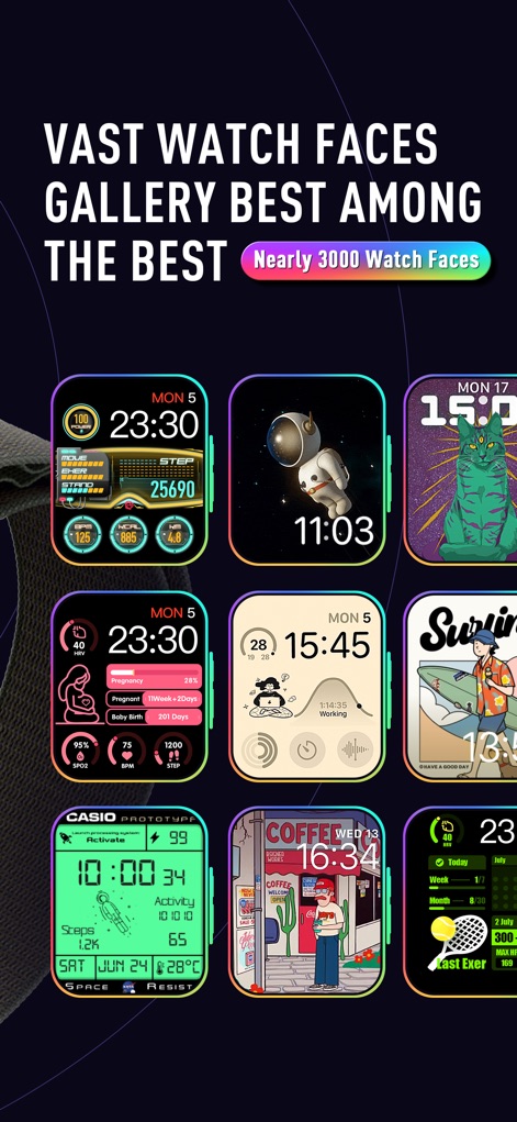 Walbum™ - Watch Faces Gallery - Explore an extensive gallery featuring diverse watch face styles, from artistic designs like the astronaut to the "Nearly 3000 Watch Faces" available.