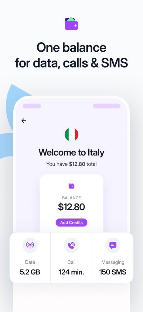 Roamless: eSIM Travel Internet - Discover the app's unified balance tracking, clearly showing remaining credits alongside allocated data, call minutes, and SMS for comprehensive usage monitoring.