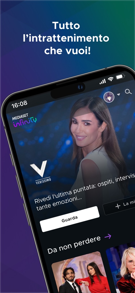 Mediaset Infinity Italia - The app presents a dynamic home screen with featured content like 'Verissimo' and a clear navigation bar for effortless browsing and discovery.