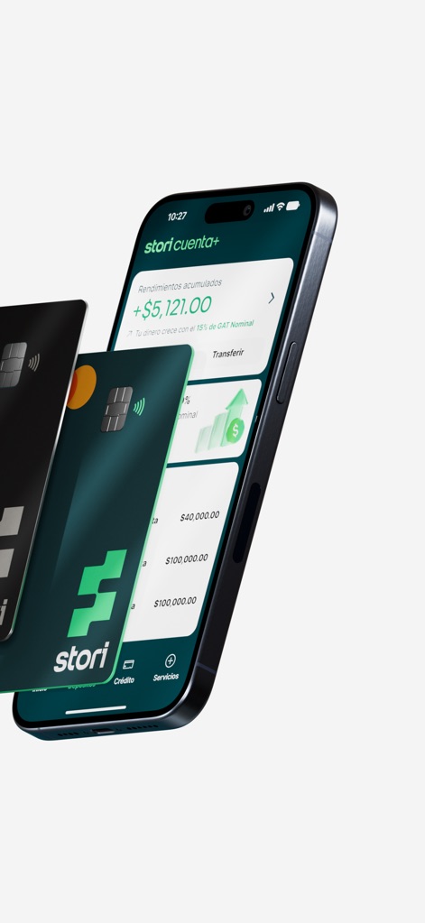 Stori - Crédito y Ahorro - Users can track their "accumulated earnings" within the Stori Cuenta+ interface, complemented by the elegant "physical card designs" positioned nearby.