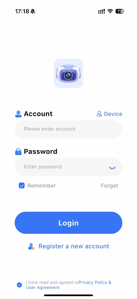 Z-IOT CAM - Users can effortlessly log in or register for a new account, ensuring secure access to their camera management features while acknowledging the privacy policy.