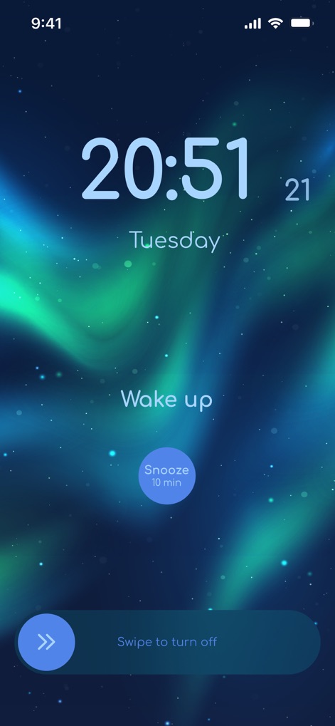 Smart Alarm Clock - Waking Up - Experience a themed wake-up with an engaging aurora borealis background and a prominent snooze button for a gentle start to the day.