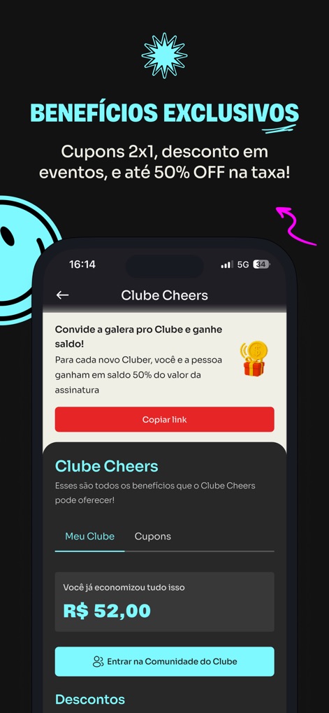 Cheers App - Die Benutzeroberfläche präsentiert detaillierte Club-Vorteile, wie die Möglichkeit, Freunde einzuladen und ein Guthaben zu verdienen, sowie konkrete Rabatte und 2-für-1-Coupons.