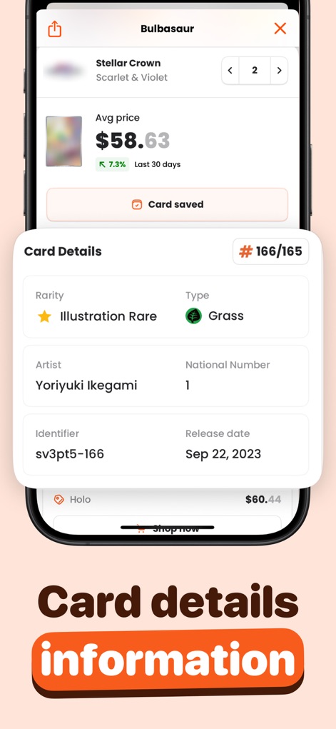 Acorn TCG ‒ Card Scanner App - Access comprehensive information for each card, including its average price of '$58.63' and detailed attributes like 'Rarity: Illustration Rare' and the artist's name.