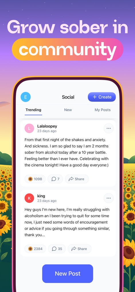 Sunflower - Quit Any Addiction - Explore the vibrant community feature where users can read trending posts and share their own recovery journey experiences.