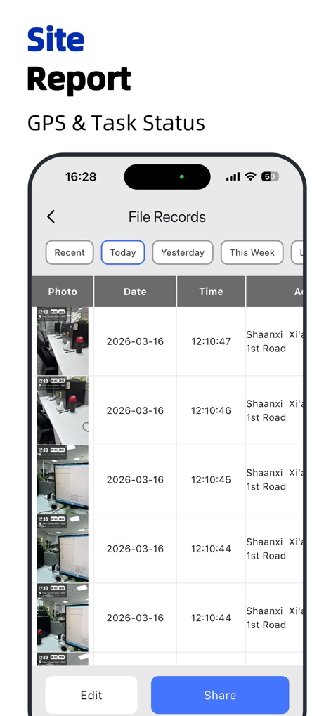 Timestamp Camera - Time & GPS - This feature provides a tabular overview of file records, categorizing images by date and displaying associated addresses.