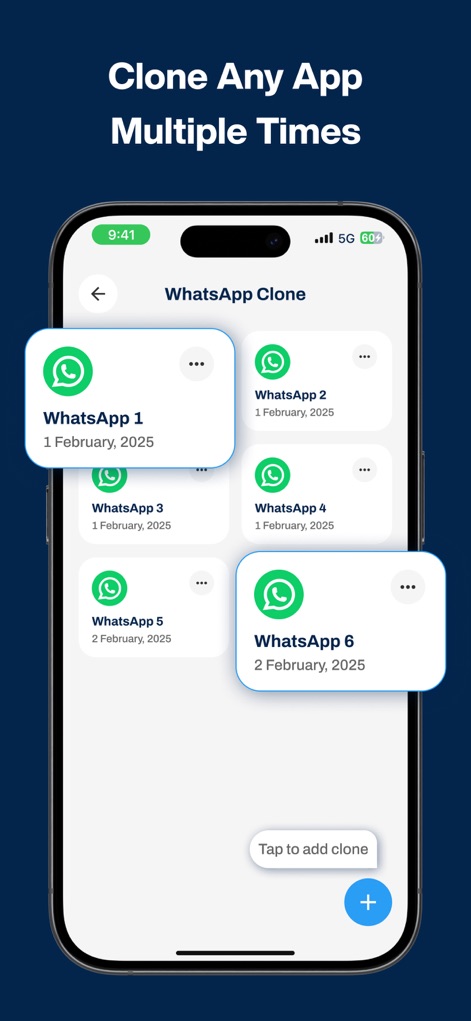 Dual Space : Parallel Accounts - Witness the app's capability to generate multiple numbered instances of the same application, with a simple tap on the floating '+' button to create even more clones.