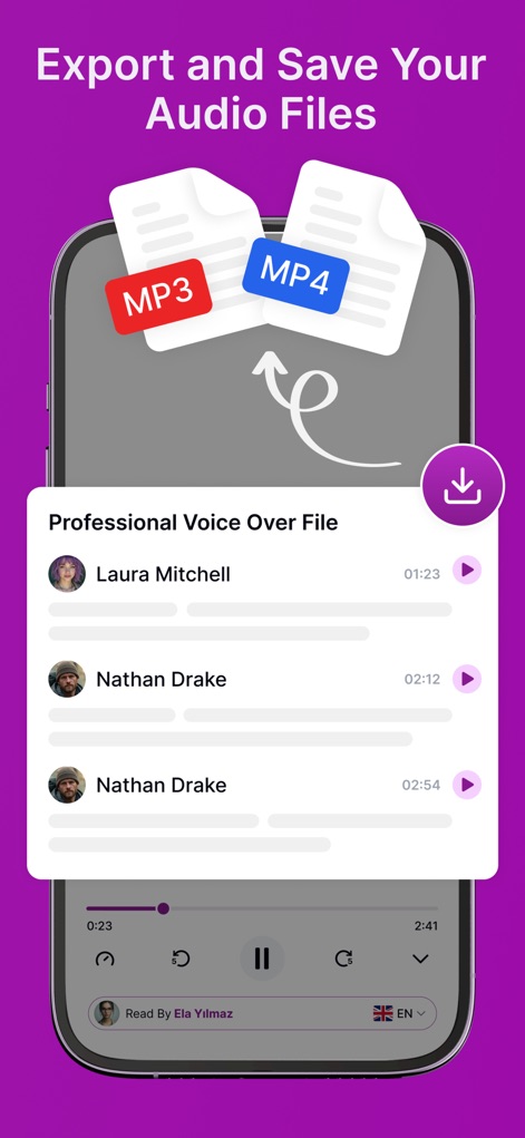 Text Reader - Text to Speech - Users can effortlessly manage and share their audio content, as shown by the prominent MP3 and MP4 export icons and a list of generated voice-over files ready for download.