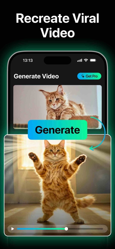 AI Video Generator: Video AI - La captura enseña la capacidad de replicación, exhibiendo un gato en su estado original y una versión generada con una pose diferente y un fondo luminoso, lo que permite transformar poses y ajustar la iluminación para nuevos efectos.