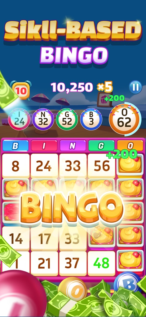 Bingo For Cash - Real Money - Esta tela ressalta o caráter do jogo baseado em habilidade, onde o cabeçalho "Skill-BASED BINGO" e o cartão de bingo com números marcados demonstram a natureza estratégica da partida.