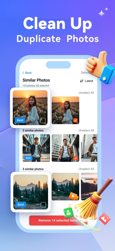 Photo Recovery: phone cleanup - The app intelligently identifies similar photos, highlighting the 'Best' option among them, and provides a clear 'Remove selected items' button for efficient decluttering.
