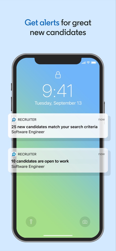 LinkedIn Recruiter - See how users stay informed with "RECRUITER" notifications directly on their lock screen, highlighting "new candidates match your search criteria" and "candidates are open to work."