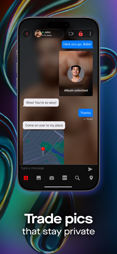 SCRUFF - Gay Dating & Chat - The secure chat interface demonstrates private messaging capabilities with dynamic chat bubbles and a rich input bar offering options for sending photos and location details.