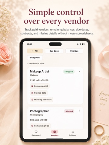 Wedding Vendor Tracker iPad screenshot