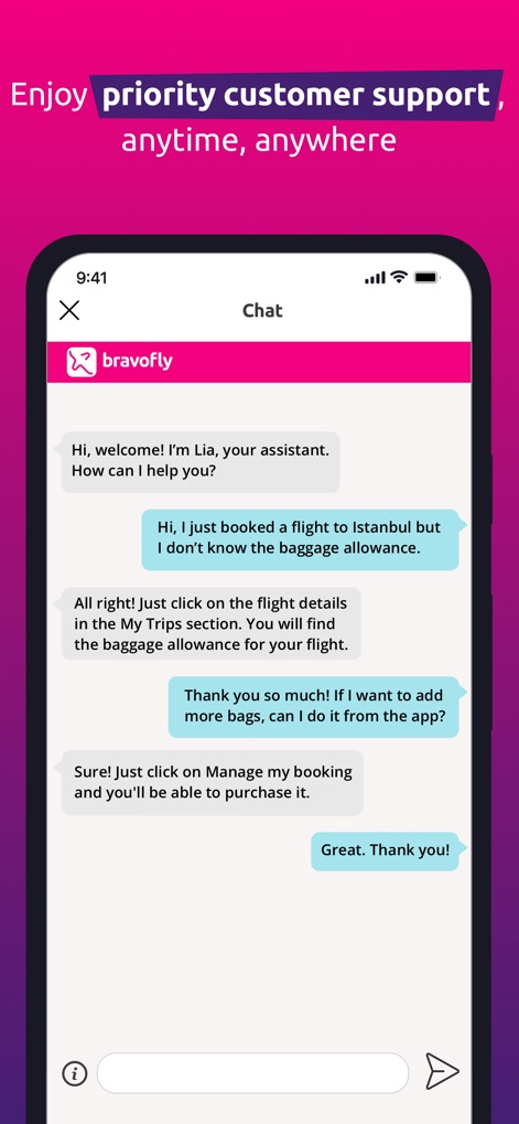 Bravofly - L'application propose une interface de "Chat" avec un assistant virtuel pour un support instantané, répondant aux questions des utilisateurs concernant leurs "baggage allowance" et autres détails de voyage.