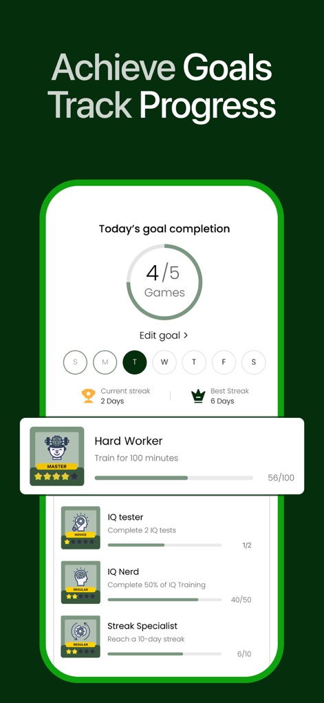 IQ Test - Brain Training Games - Los usuarios pueden observar su "progreso diario" en los juegos completados y visualizar "insignias de logros" como 'Hard Worker' y 'IQ tester'.