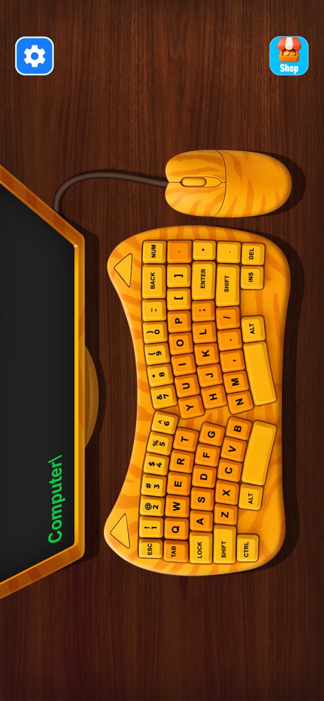 Antistress: Relaxing Mini Game - Engage in a unique typing simulation featuring an ergonomic yellow keyboard and mouse, with a simple "Computer\" prompt visible on the screen.