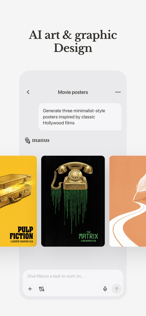 Manus - AI Agent & Automation - Esta ferramenta permite a geração de arte e design gráfico por IA, como ilustrado pelos três 'posters de filmes' com o tema 'Pulp Fiction' e 'The Matrix'.