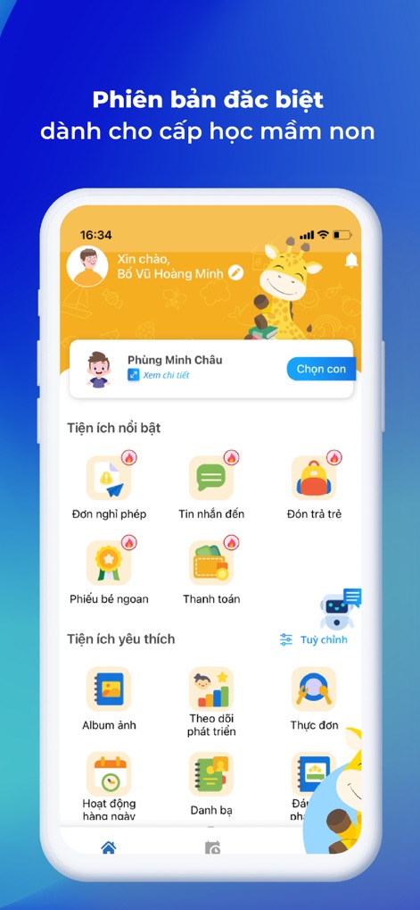 vnEdu Connect - This dedicated interface for preschool parents highlights key utilities like 'Thanh toán' (Payment) and provides quick access to 'Album ảnh' (Photo Album).