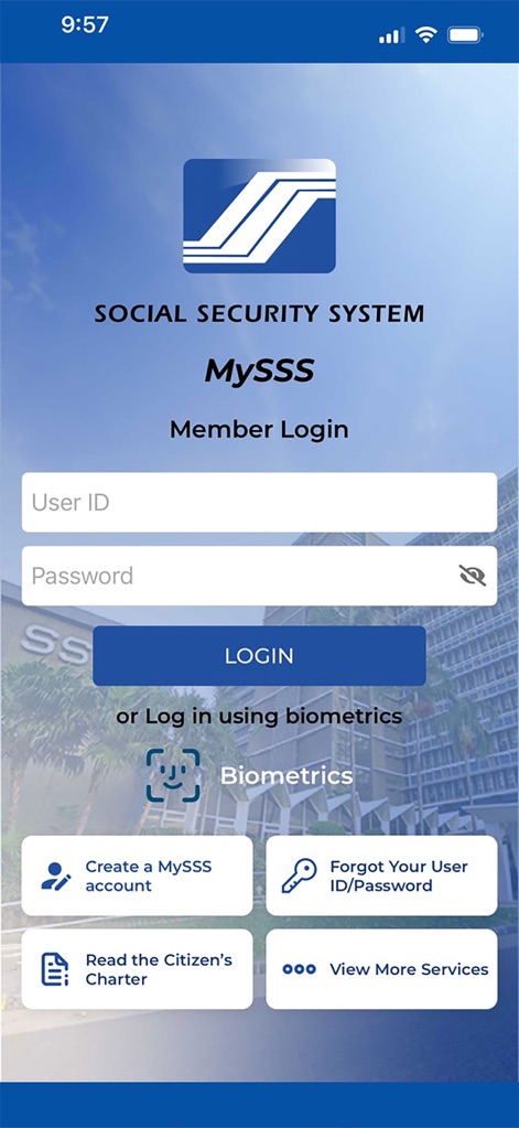 MySSS - This screenshot highlights the intuitive login interface, featuring both traditional User ID/Password input and convenient Biometrics authentication for enhanced security.