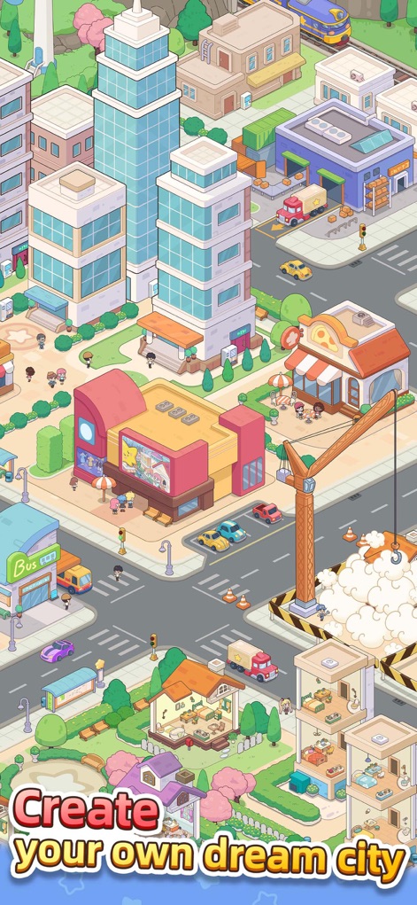 Happy Citizens - Mayor Sim - The app showcases vibrant urban landscapes and hints at expansive city-building capabilities with varied architectural styles and an active construction site.